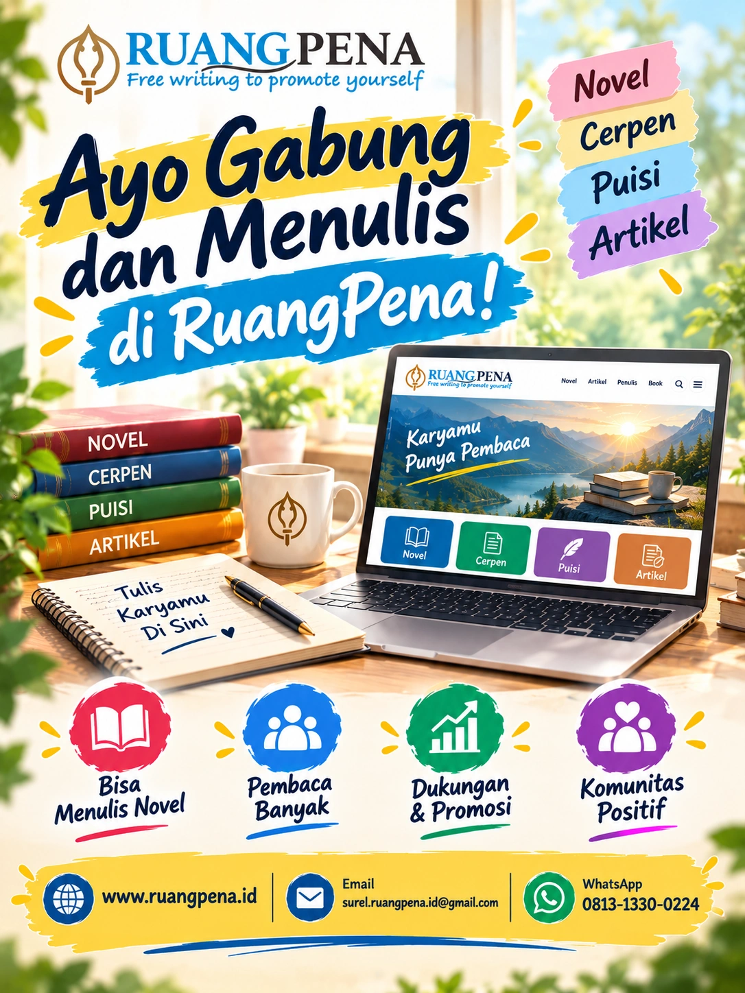Poster ajakan bergabung dan menulis di RuangPena.id. Platform menulis gratis untuk mempublikasikan novel, cerpen, puisi, dan artikel, menjangkau lebih banyak pembaca, mendapatkan dukungan promosi, serta bergabung dengan komunitas penulis. Hubungi RuangPena melalui email dan WhatsApp. Website www\.ruangpena.id.